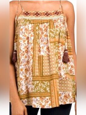 NWT Nicole Miller Olive and Cream Patchwork Print Spaghetti Strap Blouse Sz S